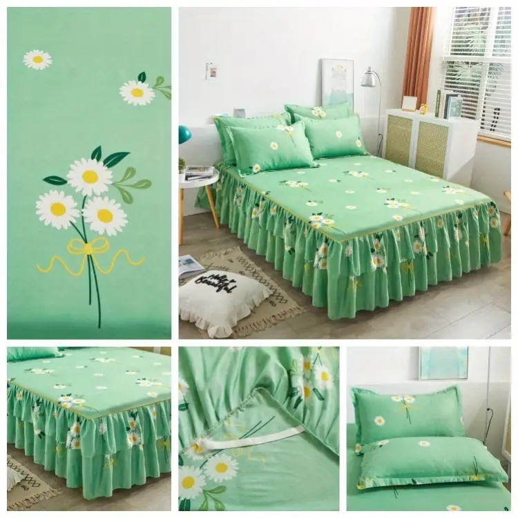 3pcs macrame bed skirt set flower printed   universal non slip bedding set bedroom   bedding bed skirt 1 pillowcase 2 without core details 7