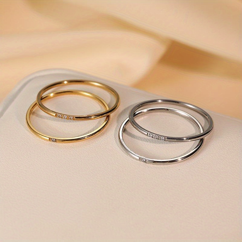Classic Fashion Easy 1MM Ultra-Thin Rounded Arc Stainless Steel Tiny Synthetic Synthetic Synthetic Zircon​​ Ring with 3 Synthetic Zircons Shiny Plain Band Jewelry Eternal Promise Wedding Engagement Anniversary Gift Ring