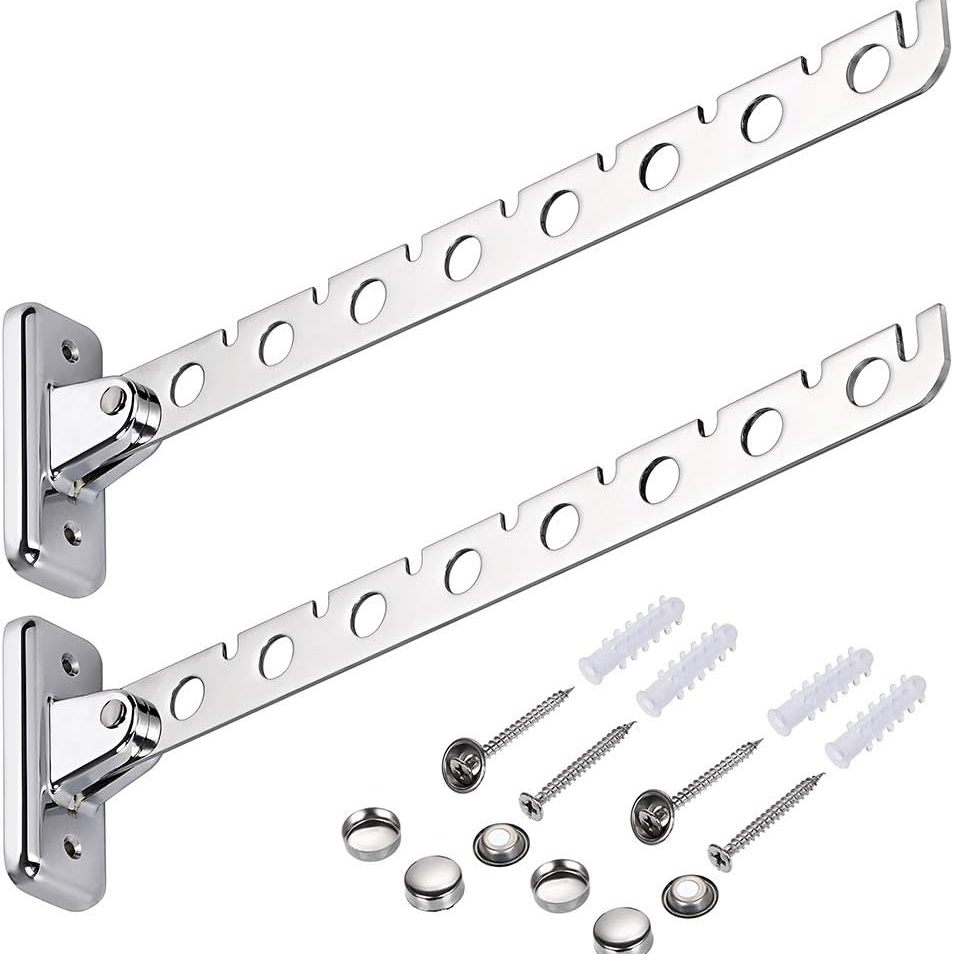Image of 12" Stainless Steel Clothes Hanger Rack, 2pcs Wall Mounted Folding Garment Hooks, Space Saver Clothing And Closet Rod Storage Organizer For Laundry Room Bedroom Bathroom Kitchen