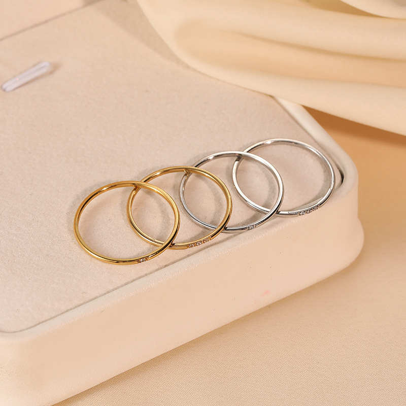 Classic Fashion Easy 1MM Ultra-Thin Rounded Arc Stainless Steel Tiny Synthetic Synthetic Synthetic Zircon​​ Ring with 3 Synthetic Zircons Shiny Plain Band Jewelry Eternal Promise Wedding Engagement Anniversary Gift Ring