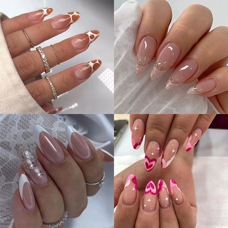 Pink French Tip Press on Nails Almond Acrylic Nails Glue on Nails Hot Pink  Nails Press on False Nails with Designs Artificial nails Medium