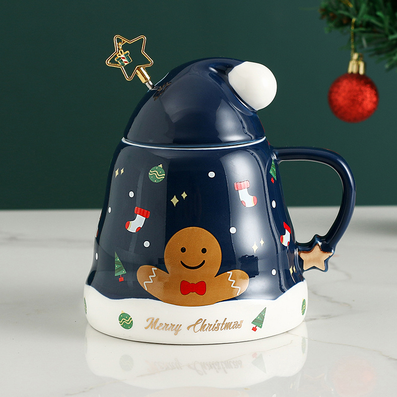 Christmas Ceramic Mug with Lid and Stir Stick, Christmas Coffee Milk Tea Cups Office Unique Gift for Christmas, Size: A1