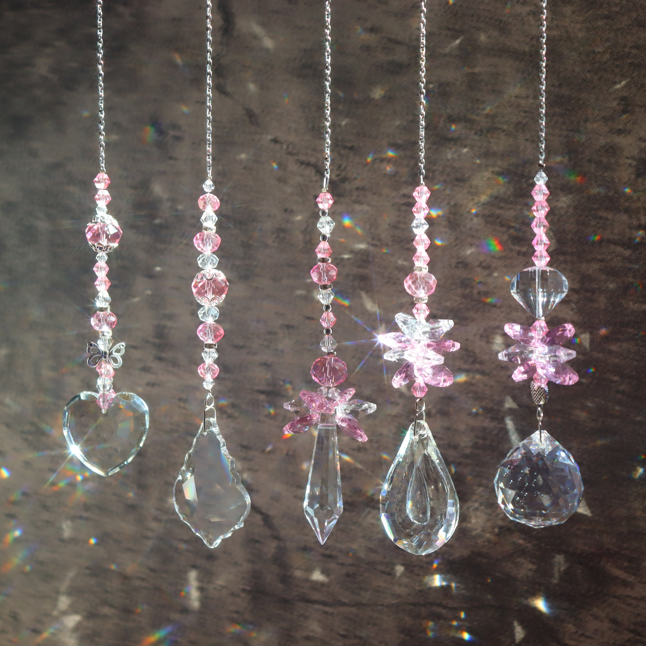 Image of 5pcs Rose Quartz Hanging Wind Chimes, Sun Catcher Pendant , Window Home Garden Light Car Valentine's Day Christmas Party Decor