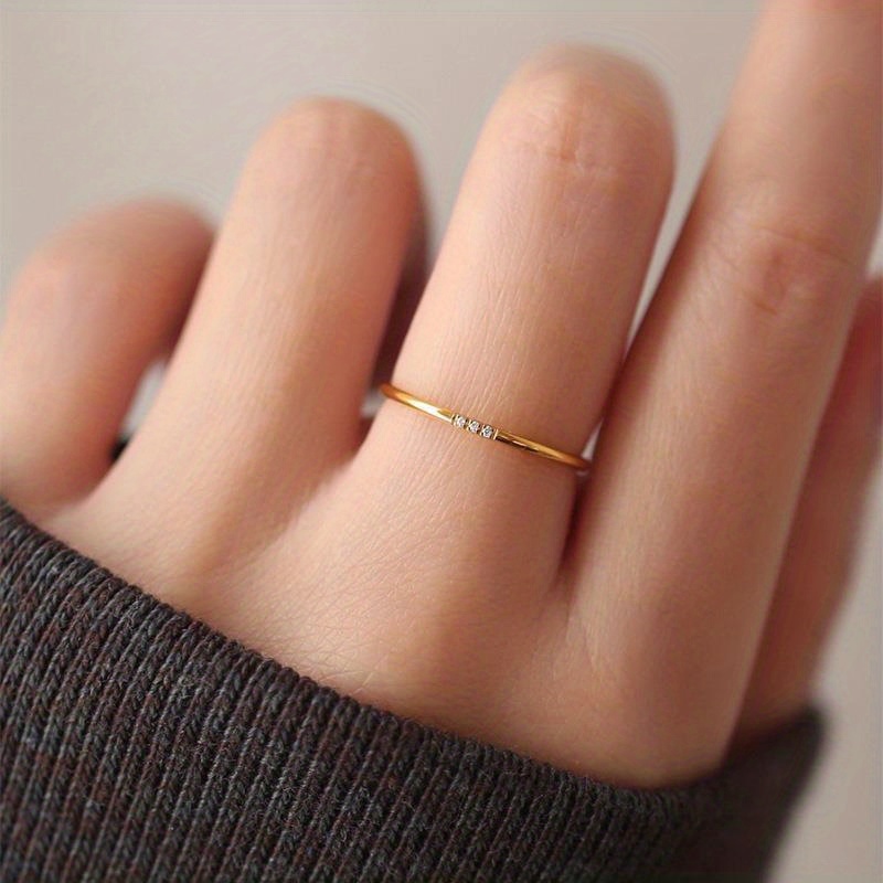 Classic Fashion Easy 1MM Ultra-Thin Rounded Arc Stainless Steel Tiny Synthetic Synthetic Synthetic Zircon​​ Ring with 3 Synthetic Zircons Shiny Plain Band Jewelry Eternal Promise Wedding Engagement Anniversary Gift Ring