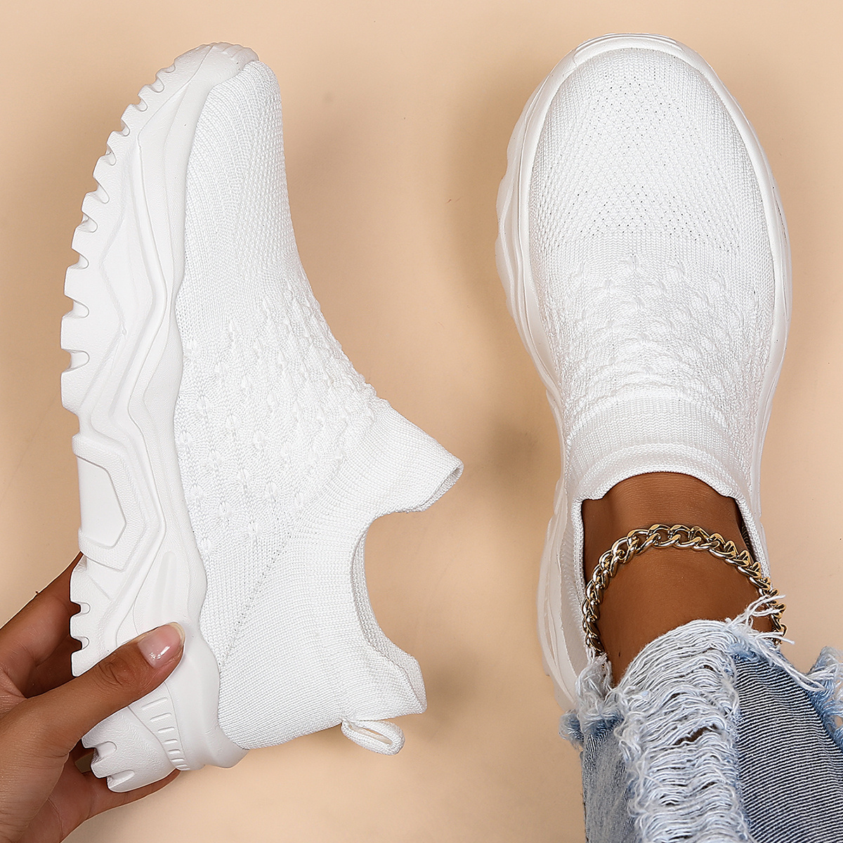 [sneakers] 612 White Women's Plus Size Casual Athletic Shoes Breathable Non-slip Running Shoe Sock Shoe Slip-on Lazy Shoes Size 36-44