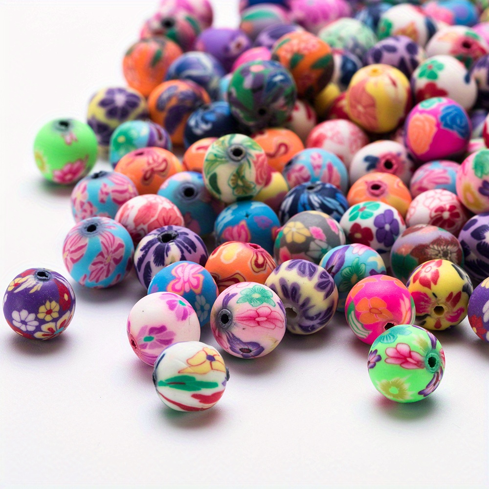 Image of 50pcs 6/8/10mm Cute Unique Colorful Flower And Fruit Patterns Round Polymer Clay Loose Beads Charms For Diy Crafting Jewelry Accessory Making Supplies