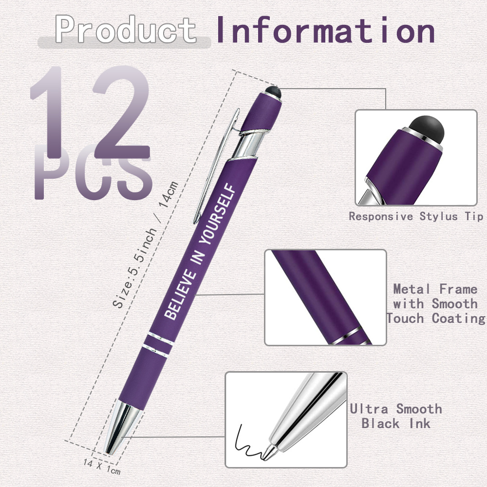 12個のインスピレーション引用ボールペン、スクリーンタッチスタイラスチップ付きのモチベーションを高めるペン、ファインポイントスムーズ