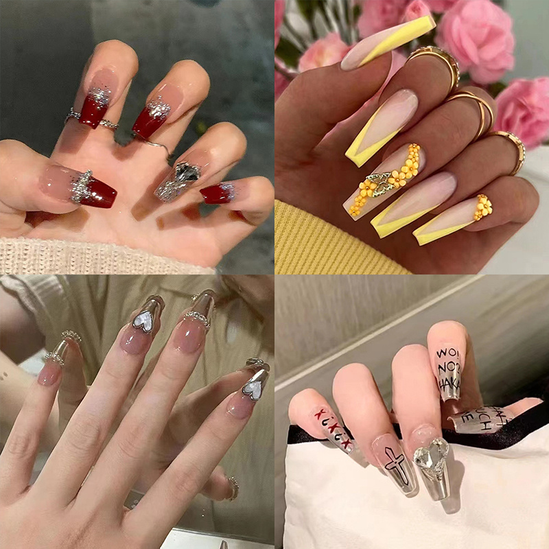 Extra Long Coffin Press On Nails, 3d Flower, Heart Rhinestone, Butterfly  Fake Nails, Mixed Gothic French False Nails Set For Women(red/yellow) - Temu