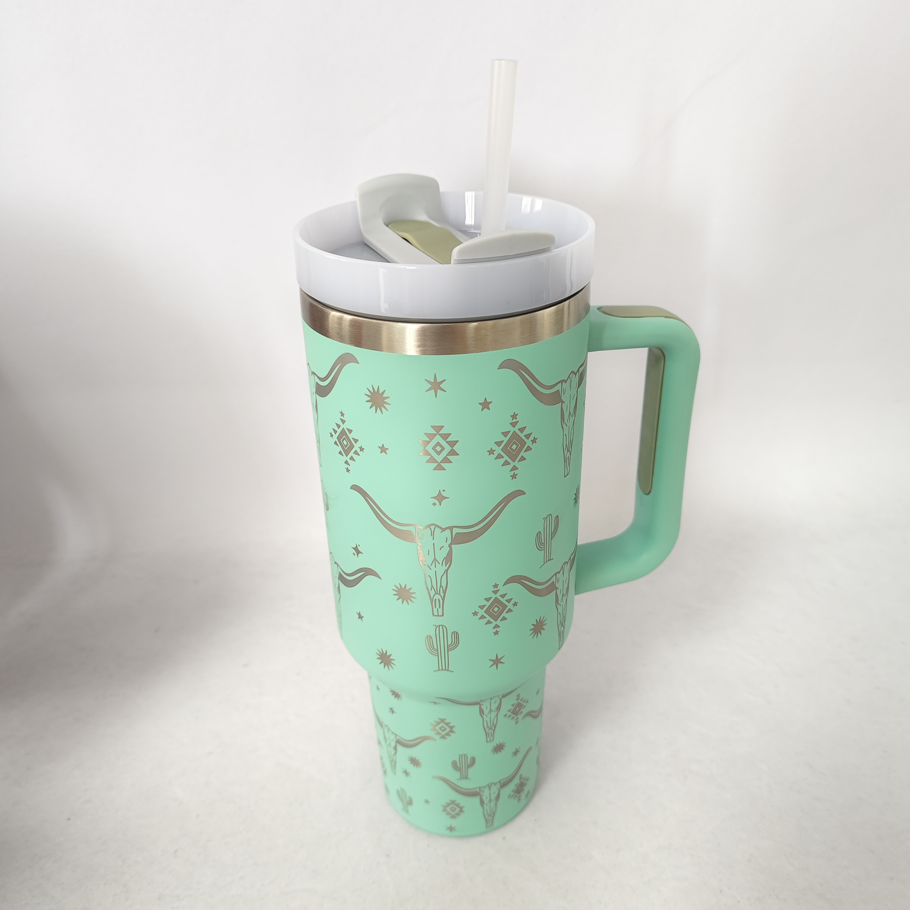 Thermos cup with straw, Stainless steel, Green, 1200 ml