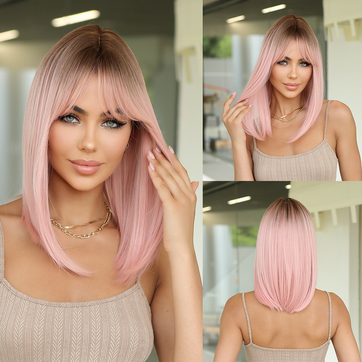 Pink Synthetic Wig For Women: A Stylish Bob Wig With A Gradient, Perfect For Daily Wear, Featuring A Reddish-brown Short