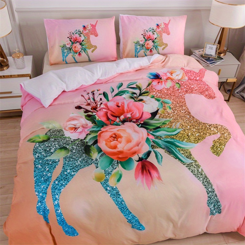  XIUCOO Personalized Cute Jungle Safari Animals Pink Floral Bedding  Set with Name Custom Kids Children's Room 3 Pcs Twin Size Duvet Cover Sets  Student Gift : Home & Kitchen