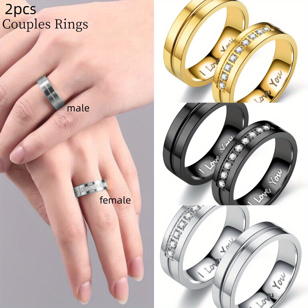 2pcs Fashion Couple Rings Simple Band Inlaid A Row of Shining Zircon Engagement Wedding Ring Golden / Silvery / Black Make Your Call,Temu