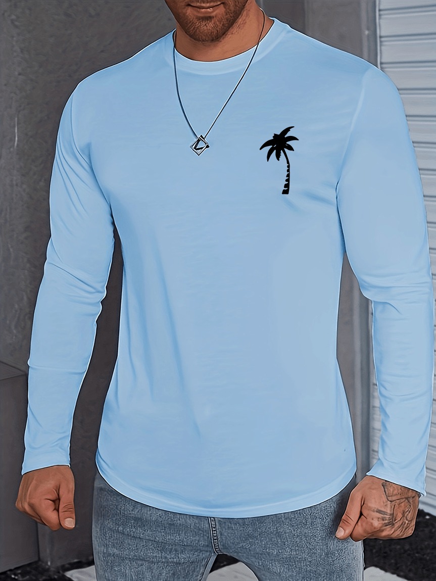 Drawing Print Crew Neck Long Sleeve T-Shirt, Blouses Tee, Men's Beach Coconut Tree Fashion Graphic Design Casual Comfy Shirts for Spring Summer