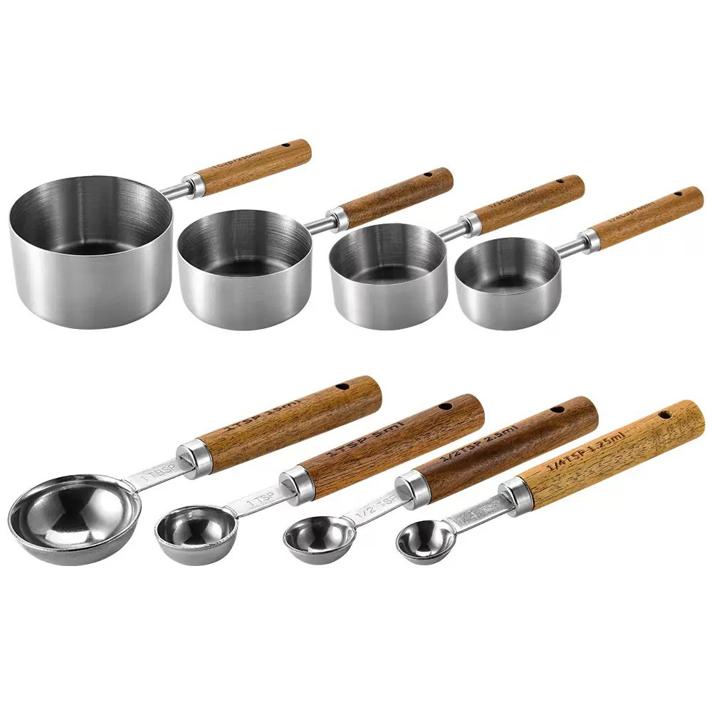 Measuring Cups And Scoops, Stainless Steel Measuring Cups And Scoops Set,  Acacia Wood Handle Measuring Cups For Dry Goods And Liquid Ingredients,  Seasoning Scoops, Coffee Scoops, Baking Tools, Kitchen Accessories - Temu