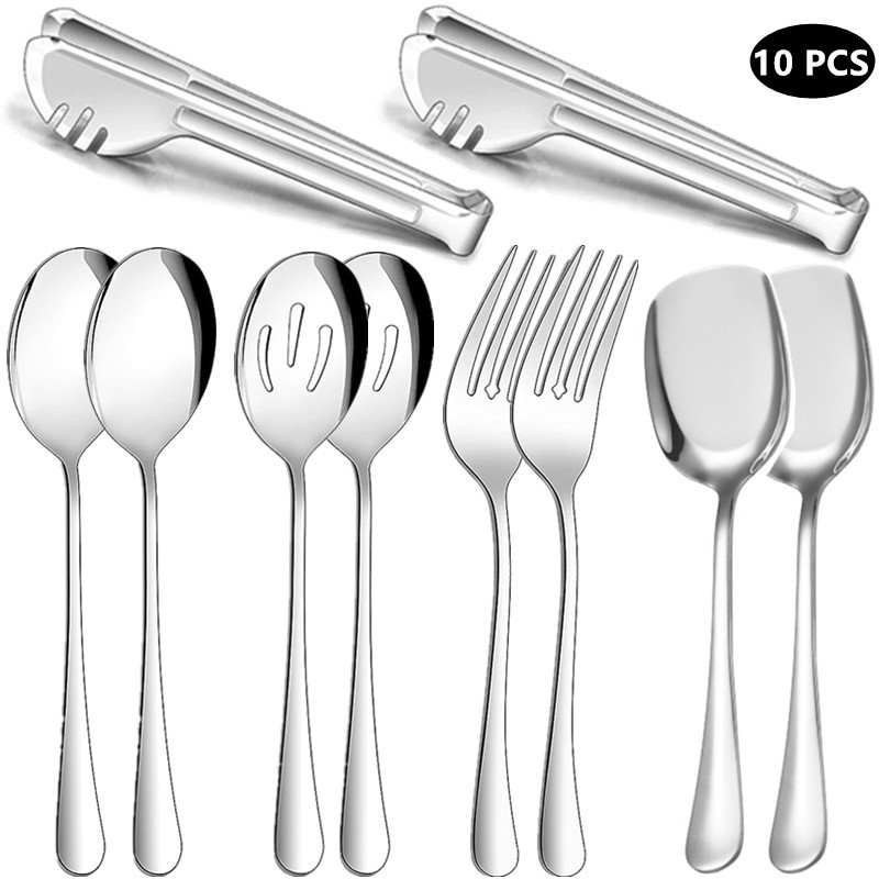 Image of Set Of Appliances, Including Large Service Spoon 2, Slotted Service Spoon 2, Service Fork 2, Service Shovel Spoon 2, Service Pliers 2, Buffet Tableware, Dishwasher Cleaning