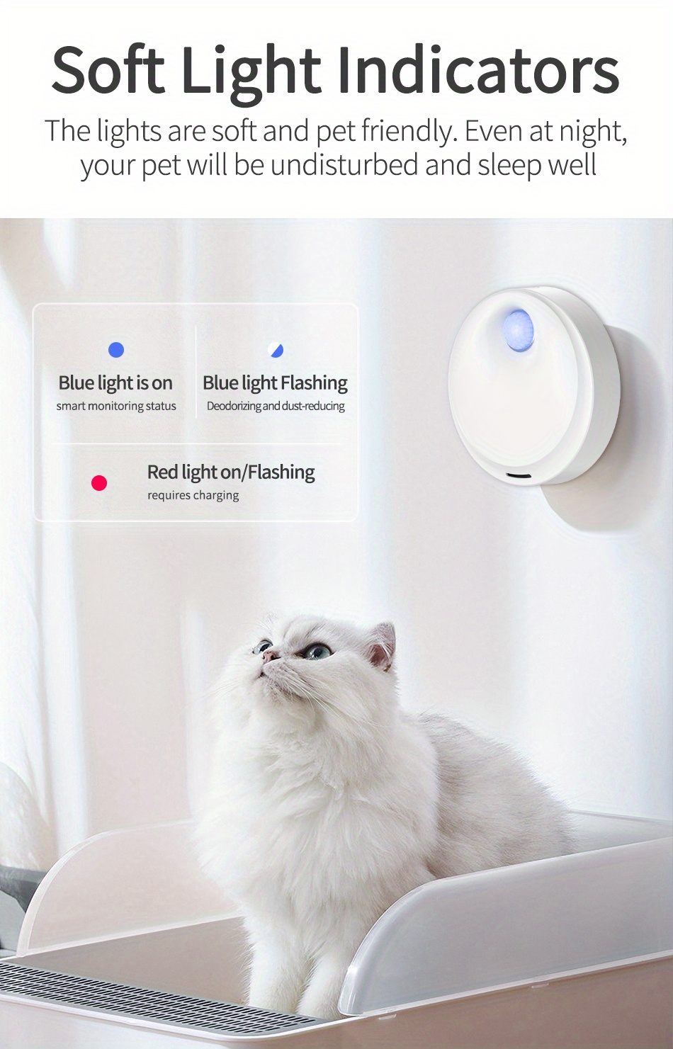 Désodorisant pour litière pour chat, éliminateur automatique d'odeurs d' animaux de compagnie avec 12 lumières LED, désodorisant intelligent non  parfumé pour litière pour chat, désodorisation à 99,9 %, éliminateur  d'odeurs de boîte à