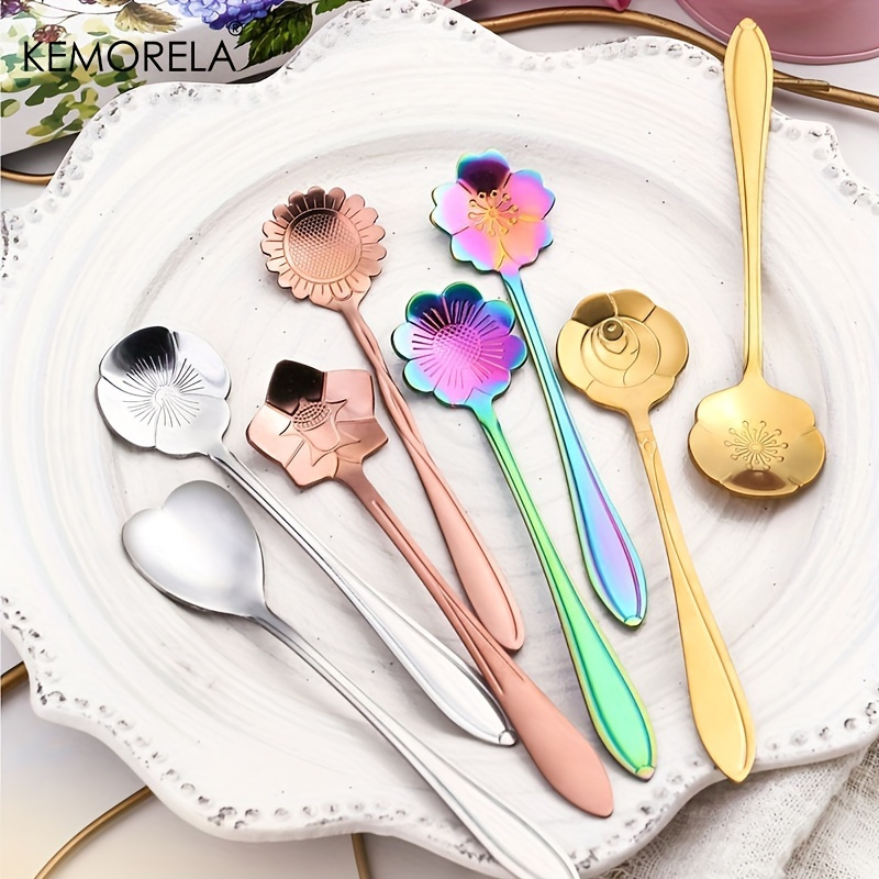 Stainless Steel Coffee Spoon Kit Flower Design Fruit Salad Sugar