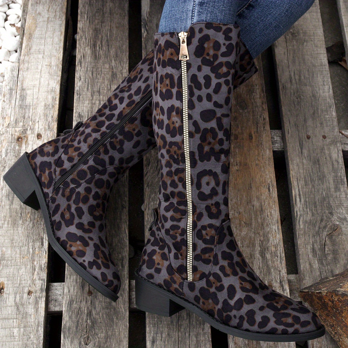 Women s Leopard Print Calf Boots Fashion Chunky Low Temu Philippines