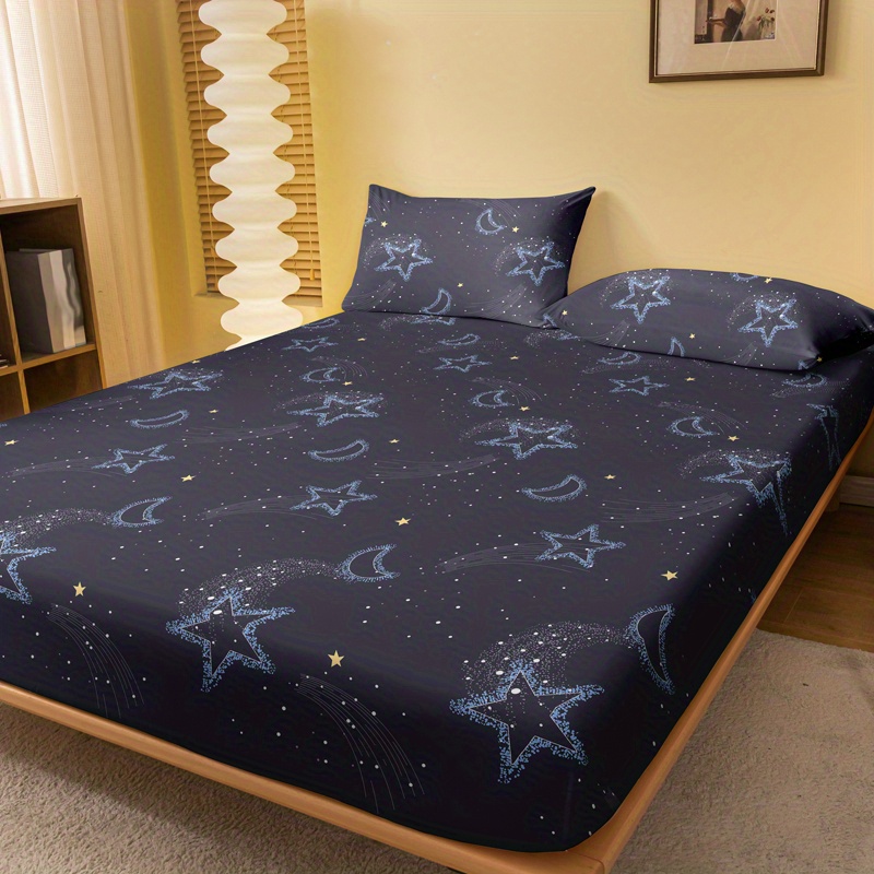 1pc star moon brushed print fitted sheet soft comfortable bedding mattress protective cover for bedroom   with deep pocket fitted bed sheet only details 2