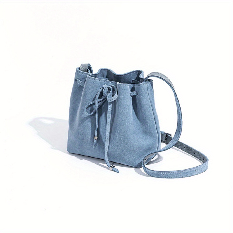 Blue Leather Drawstring Crossbody Small Bucket Bag