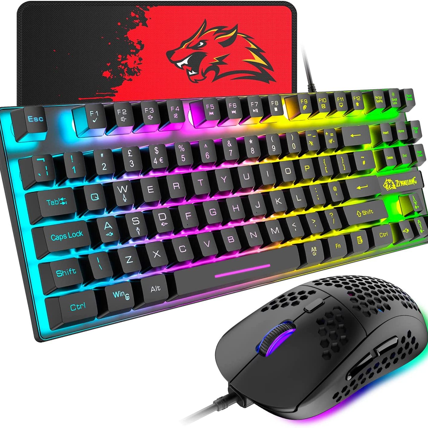 T2 PS4 Gaming Keyboard Mouse Combo UK Mechanical Feeling TKL 80% Percent  Light Up Keyboard+6400 DPI Ultra-Light Honeycomb RGB Backlit PC Gaming Mice  6