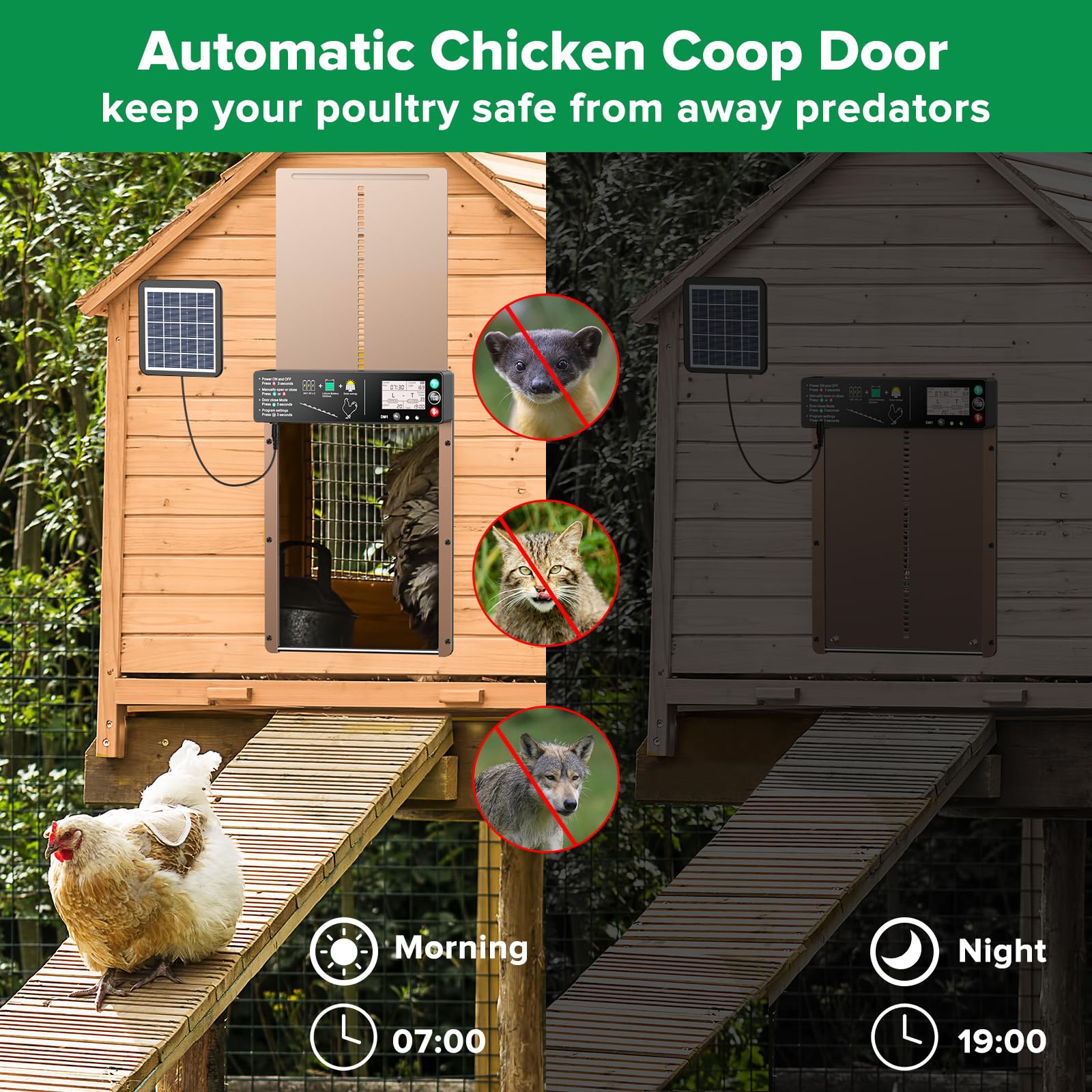 Puerta automática de gallinero, todo de aluminio, antipellizcos, sensor de  luz solar automático para puerta de pollo, puerta automática de gallinero