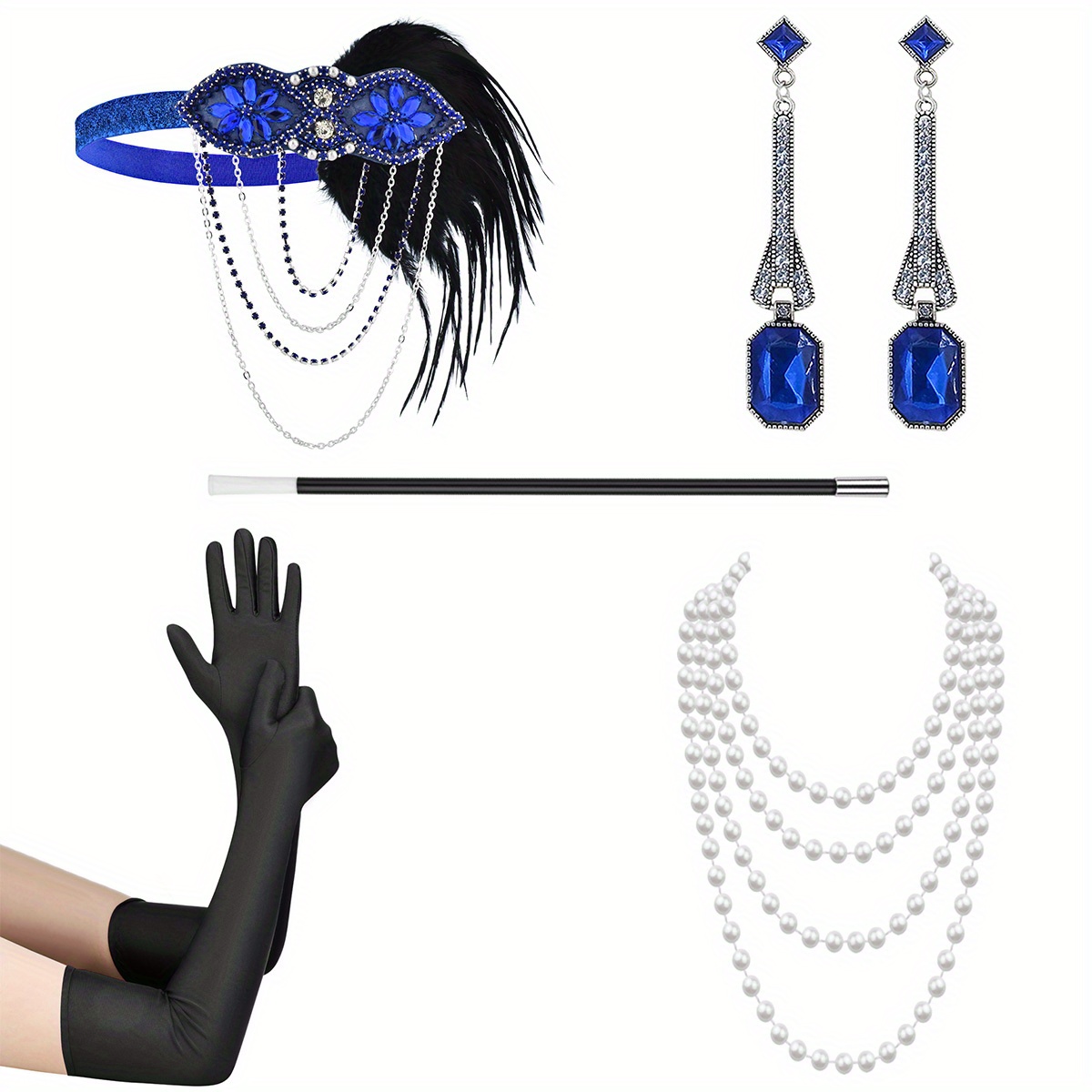 Meiruier Ensemble d'accessoires de style années 1920 - Bandeau,  fume-cigarette, gants longs, collier de perles - Inspiré de Gatsby le  Magnifique 