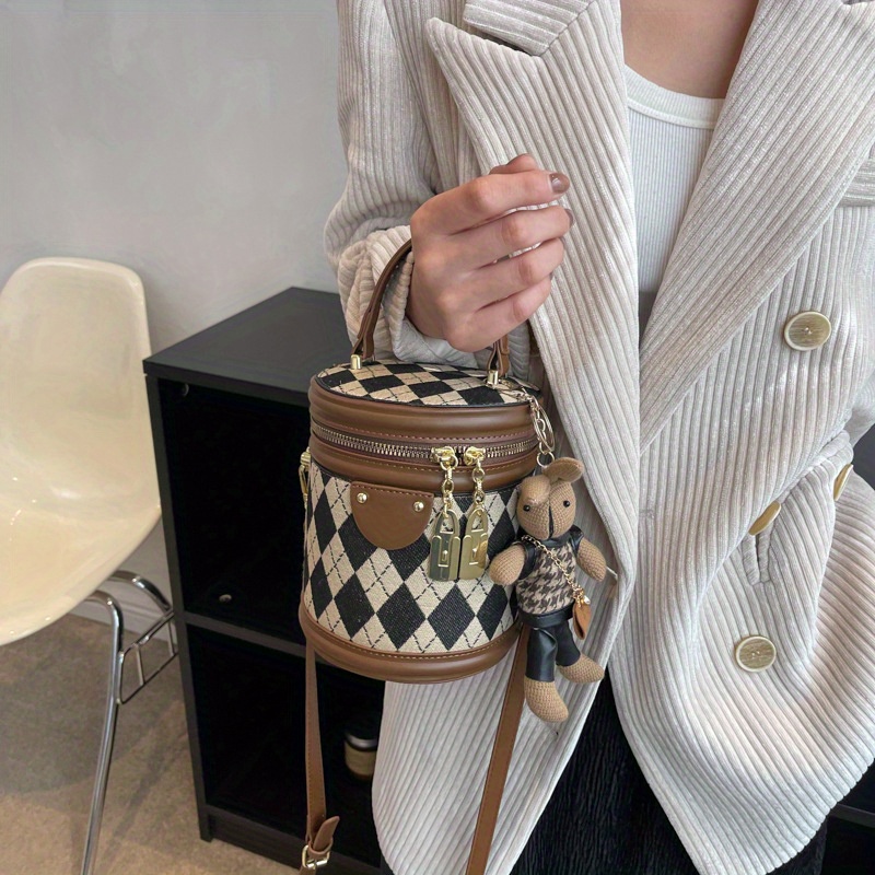 Mini Argyle Pattern Handbag, Fashion Cylinder Bucket Purse