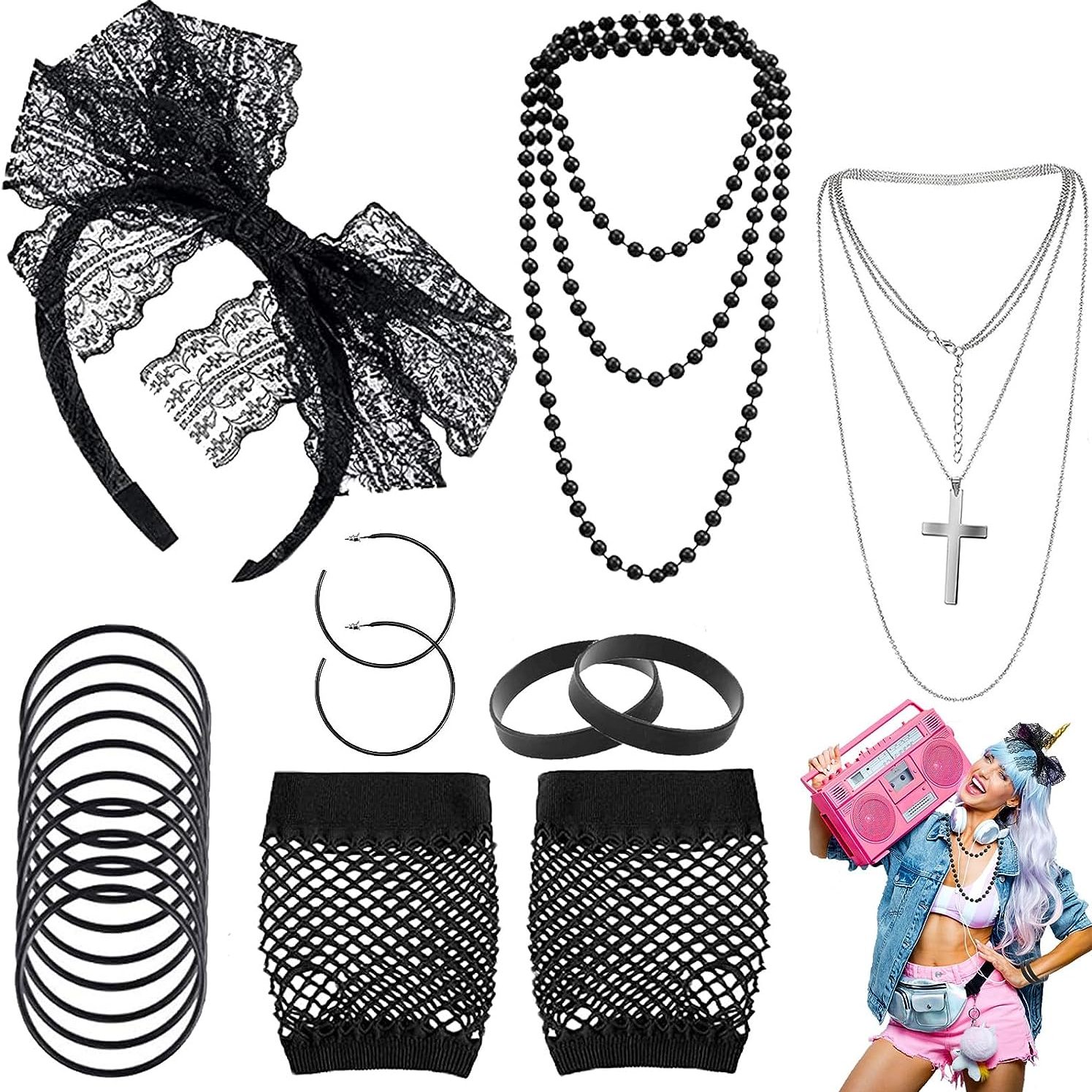 80's Style Accessories Set With Headband Necklace Earrings - Temu