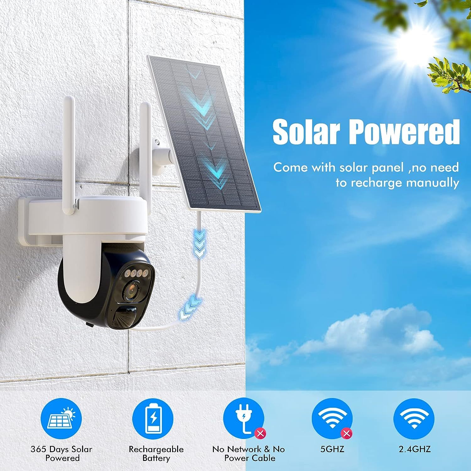 Cámara De Seguridad Solar, 360° A Prueba De Agua. Con Wifi. 3MP