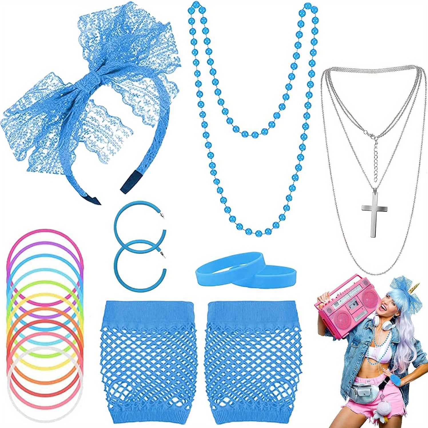 80's Style Accessories Set With Headband Necklace Earrings Fishnet Gloves  Bracelet For Girls