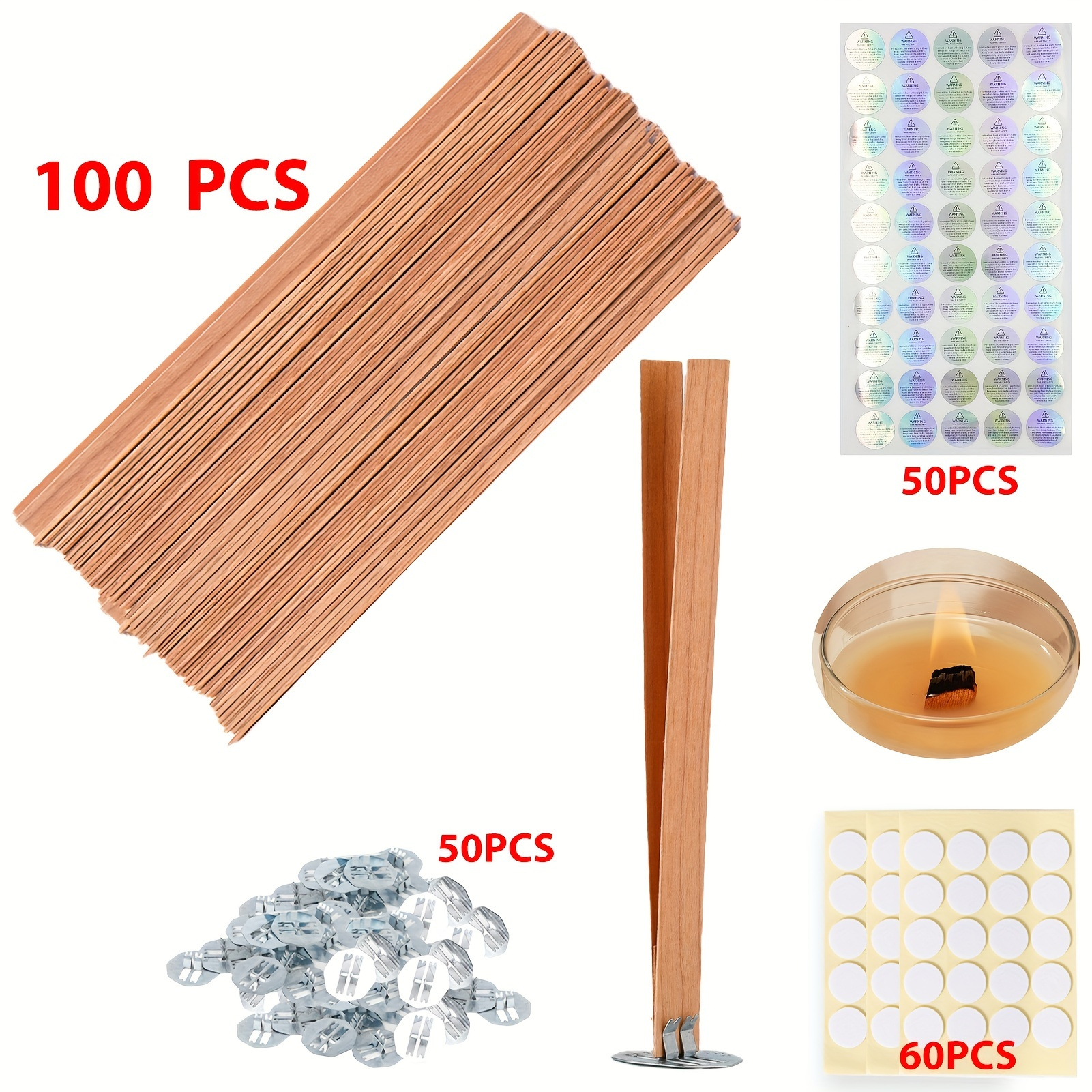 100pcs Wooden Candle Wicks with Metal Base Clip for Candle Making Crackling  Wood Wicks/Smokeless Candle Making Supplies