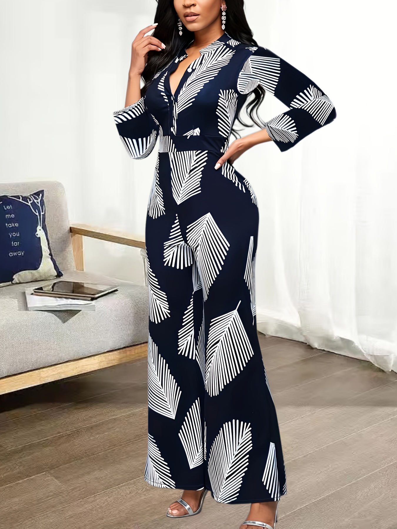 Graphic Print Wide Leg Jumpsuit, Casual Button Front 3/4 Sleeve Jumpsuit,  Women's Clothing