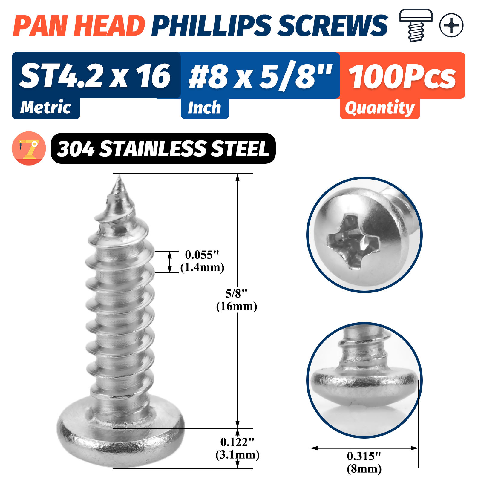 14 X 1-1/4" Truss Head Sheet Metal Screws, Full Thread, Phillips Drive, Stainless Steel 18-8, Bright Finish, Self-Tapping, Quantity 50 Pieces By Fastenere