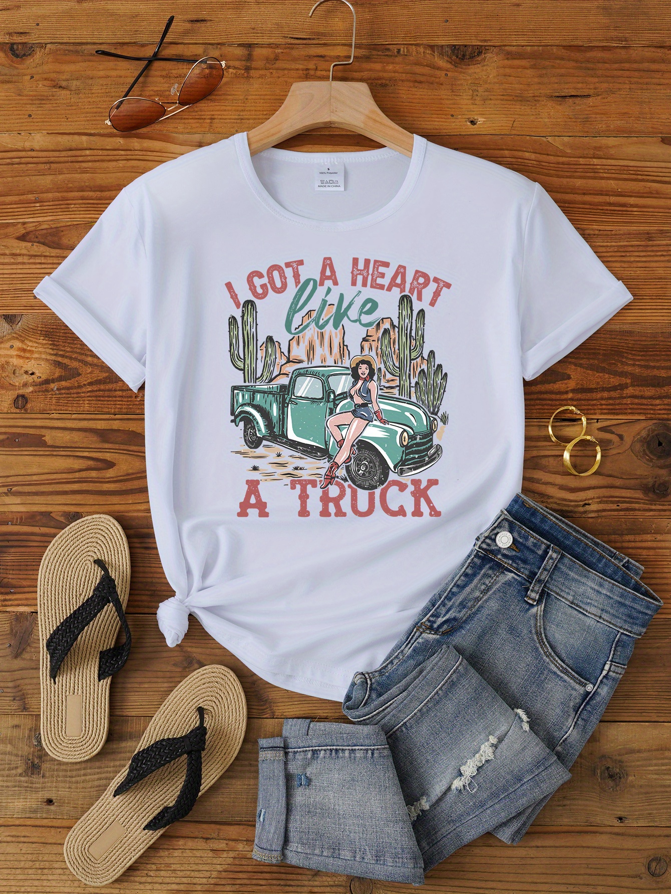 Cool Girl Vintage Car Print Tee Casual Short Sleeve Crew - Temu Canada