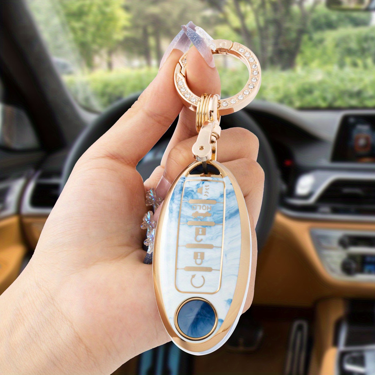 3pcs Car Key Case & Keychain Rhinestone Decor