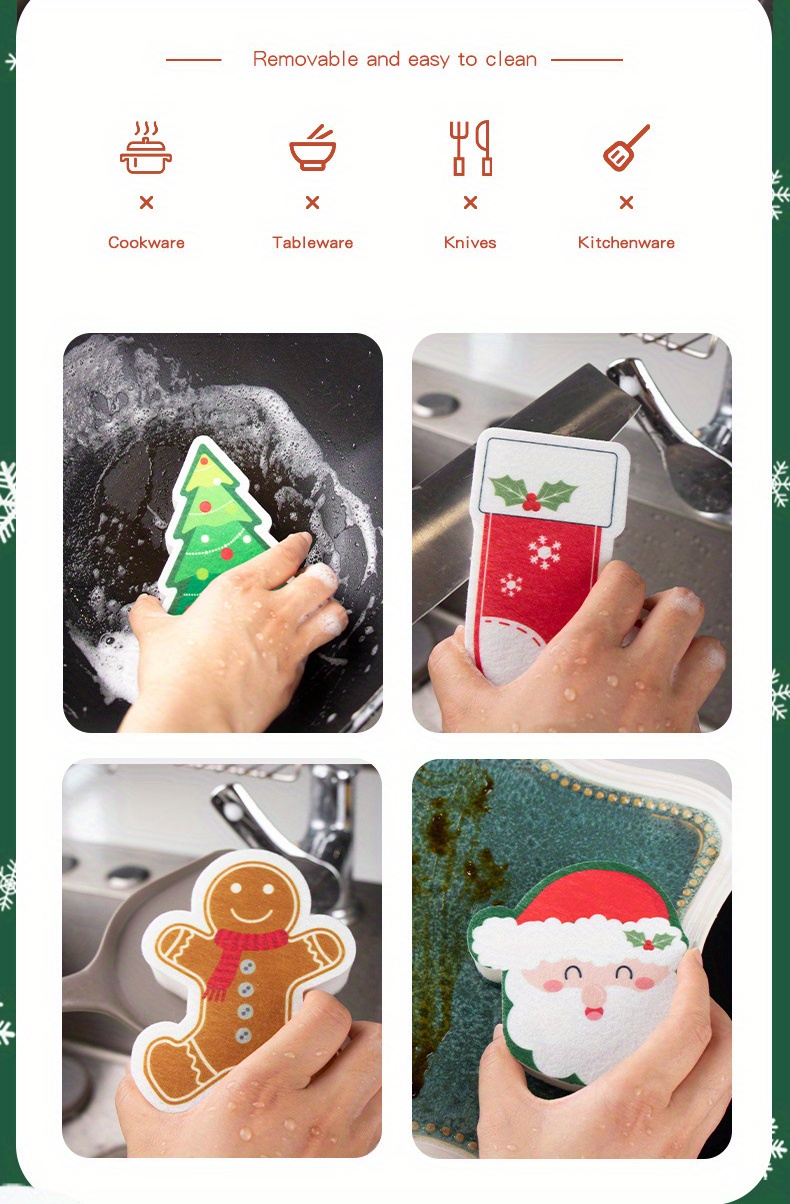 Christmas Reindeer Santa Kitchen Scrub Sponge Washing Dishes Cleaning  Sponges Gnome Xmas Tree Balls Non Scratch Sponge for Dish Countertops Sinks