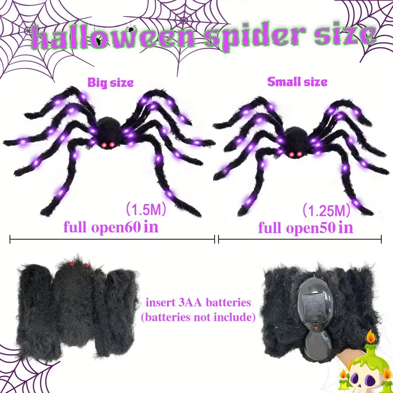 2pcs  halloween spider decoration realistic hairy spiders set halloween spider props decorations 1 1 5m 1 1 25m glowing spider cobweb halloween decorations for house garden indoor outdoor scary theme details 2