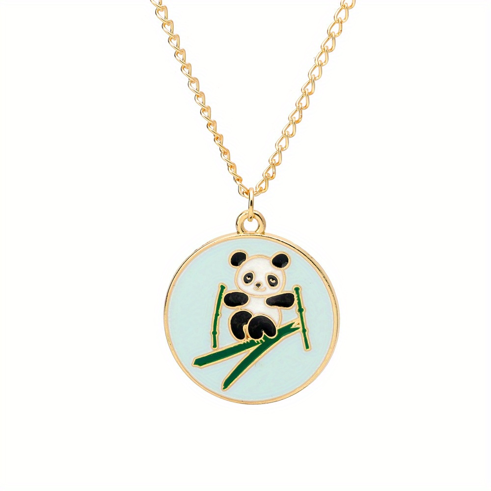 Gold Ring Bamboo Green Leaves Black Eyes Panda Bear Pendant Chain Necklace