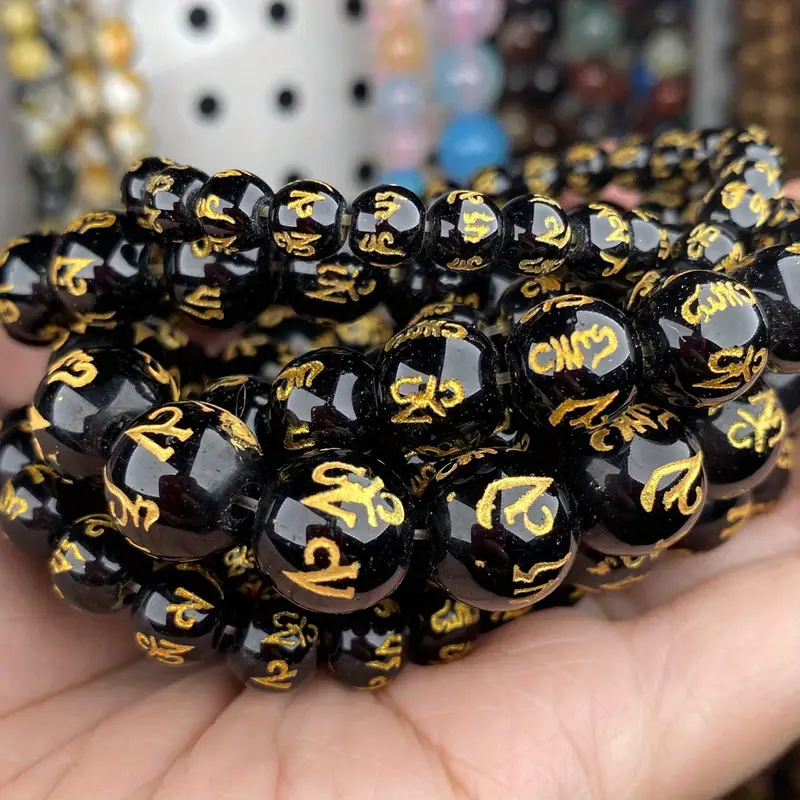6mm(0.236inch)-12mm(0.472inch) Black Agates Mantra Prayer Stone Beads Round  Loose Beads For Jewelry Making DIY Bracelet Necklace Handmade Accessories
