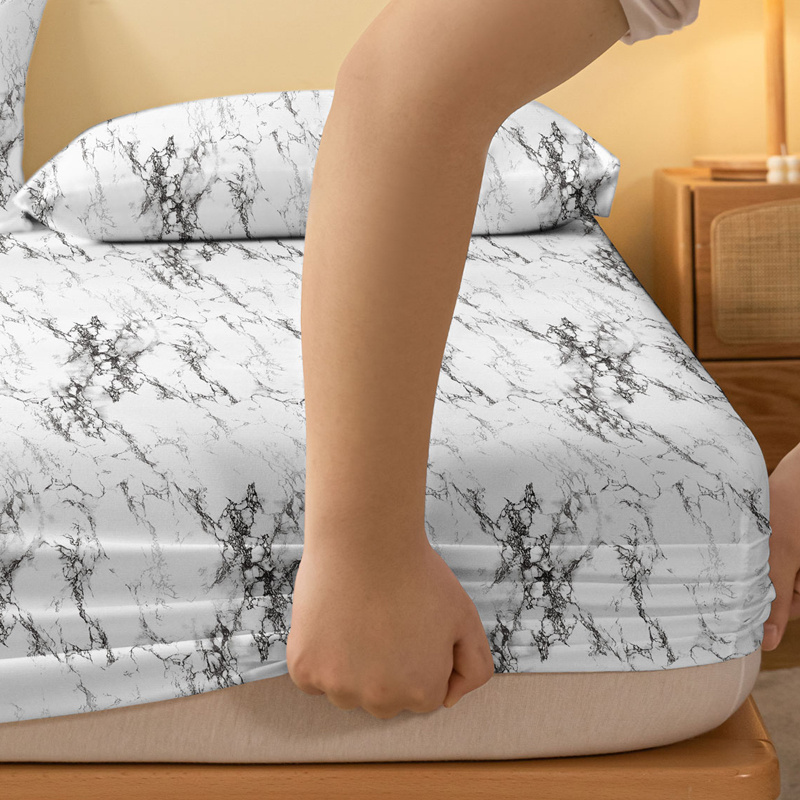 1pc brushed fitted sheet soft comfortable marble print bedding fitted sheet for bedroom   with deep pocket fitted bed sheet only without pillowcase details 4