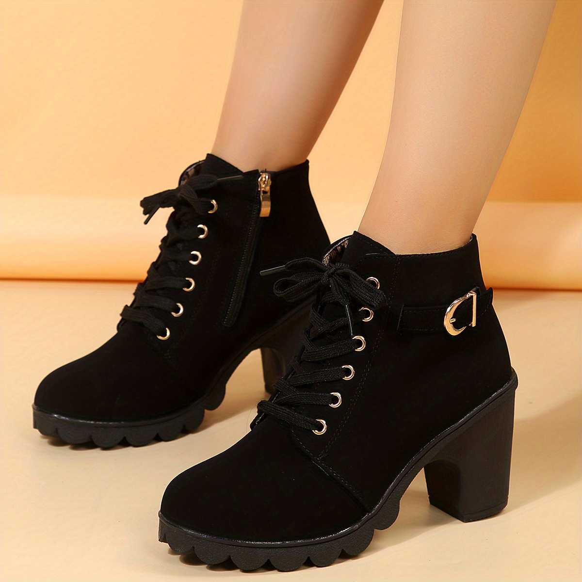 Women s Chunky Heeled Ankle Boots match Solid Color Lace Temu