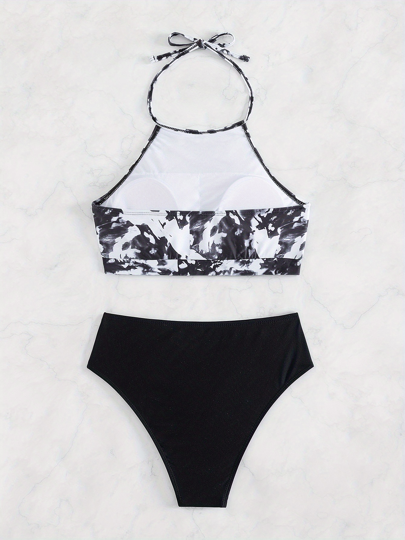 High Halter Neck Contrast Print Tankini Sets Ink Dyeing Top Temu