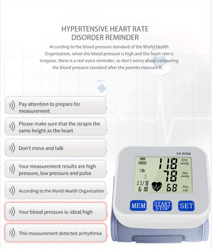 TAKROL CK-W355 Rechargeable Wrist Blood Pressure Monitor BP