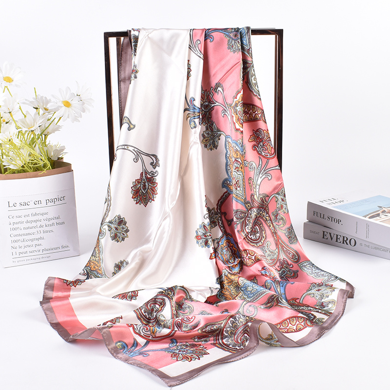 Elegant Silk Feeling Square Scarf Stylish Flower Pattern Sunscreen