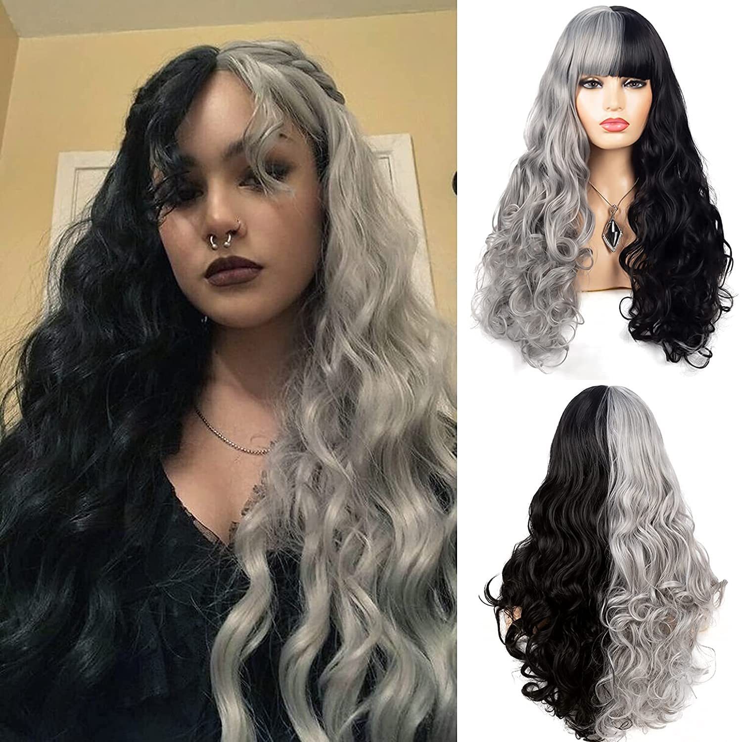 Half Black Grey Wig Bangs Long Curly Wavy Synthetic Heat Temu