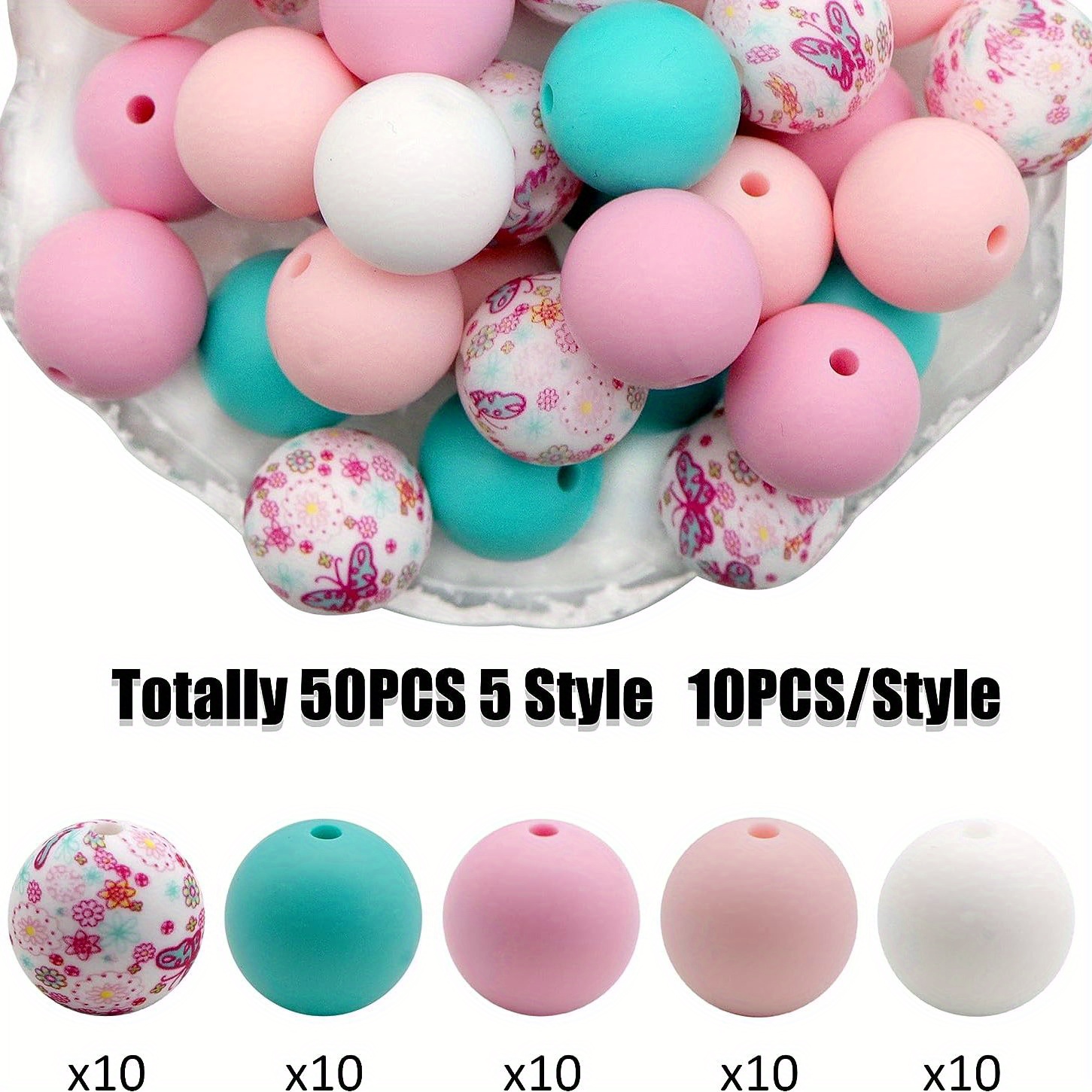 50pcs Accessories, Flowers Silicone Beads, 15mm Silicone Beads, Bulk Round  Silicone Beads, For Keychain Pens Lanyards, Bracelet Necklace, Jewelry Maki