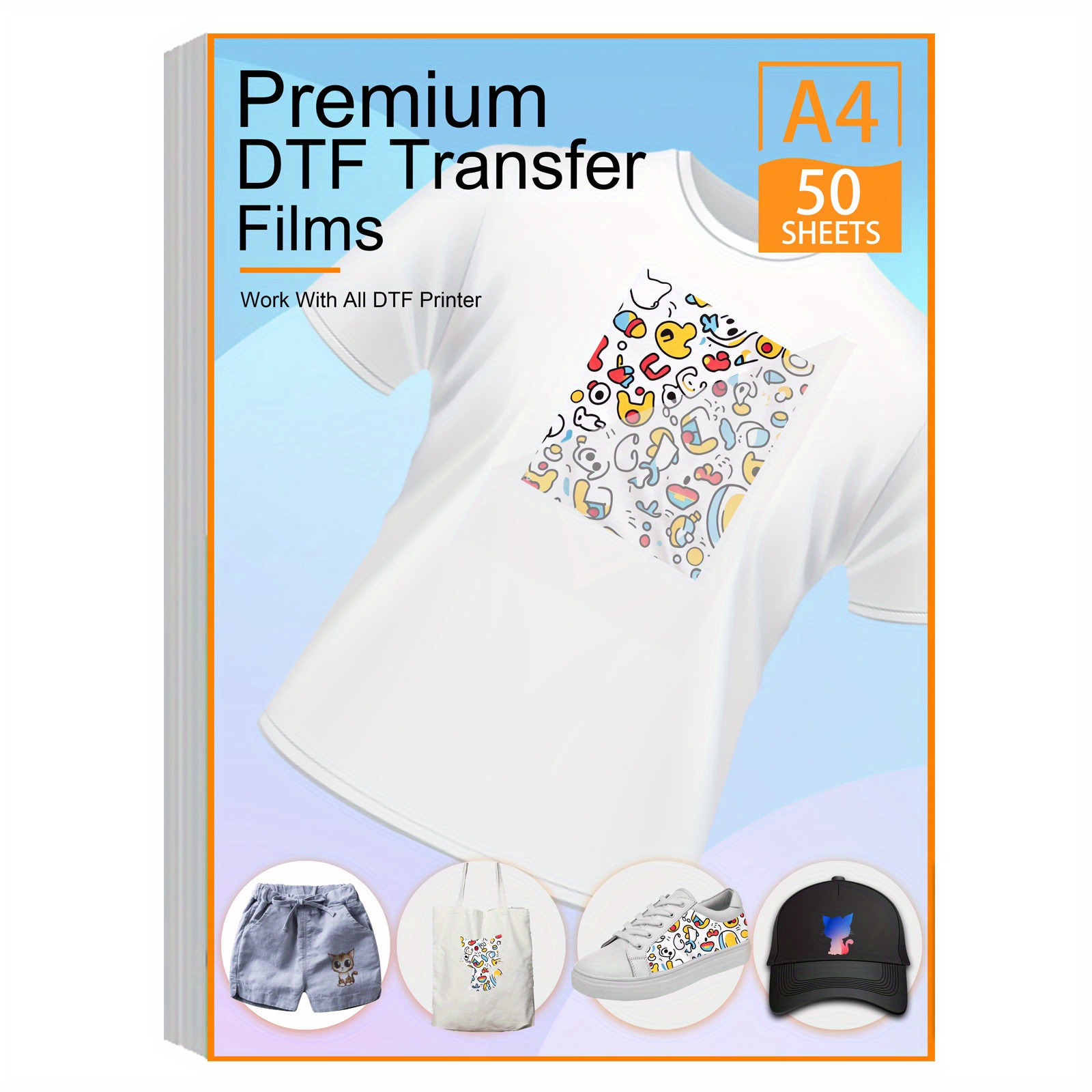  GOZYE DTF Transfer Film and DTF Powder Set, Direct to Film  Starter Kit Contains 20 Sheets A4 PET Film, 8.8 oz Hot Melt Powder, 45 ft  Recognition Tape, 2pcs T-shirt Ruler