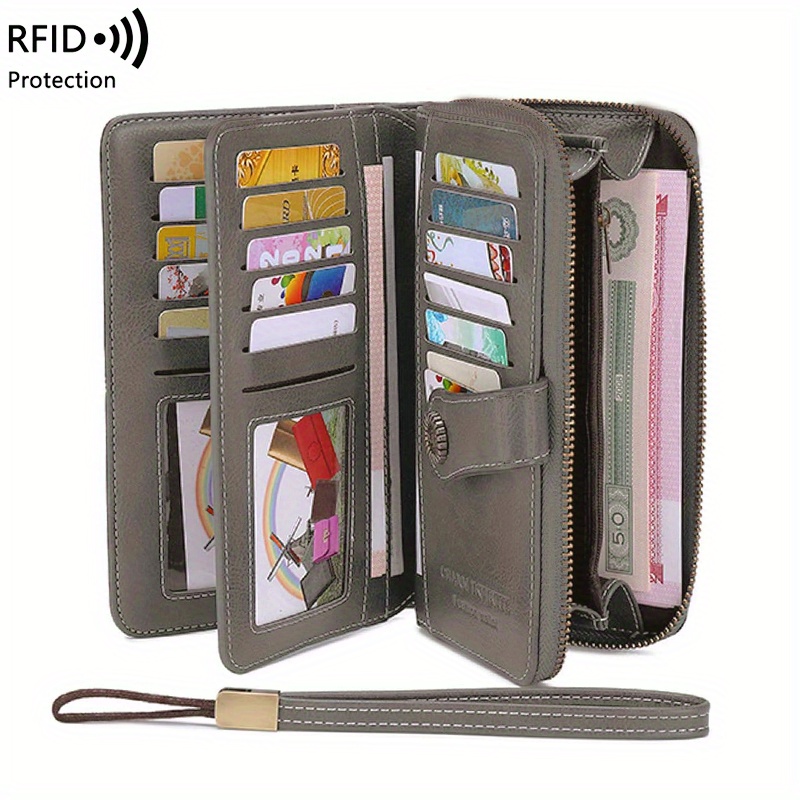 Pomoko Women's Leather RFID-Blocking Zip Around Clutch Wallet with Wristlet Strap,Purple, Size: Large