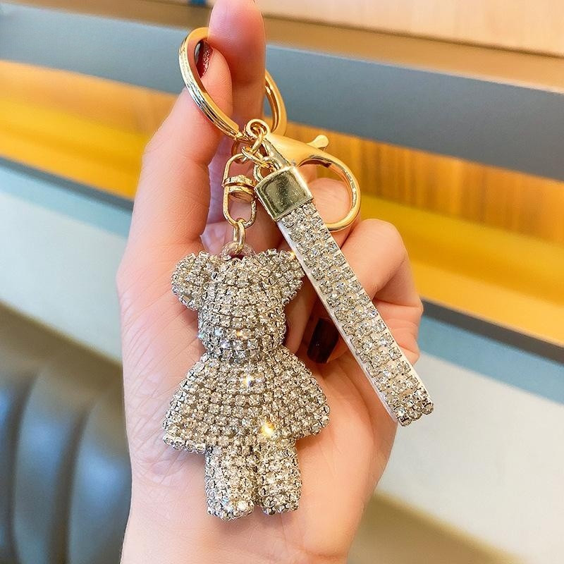 Crystal Bear Key Chains Cute Keyrings Tassel Silver Rope 